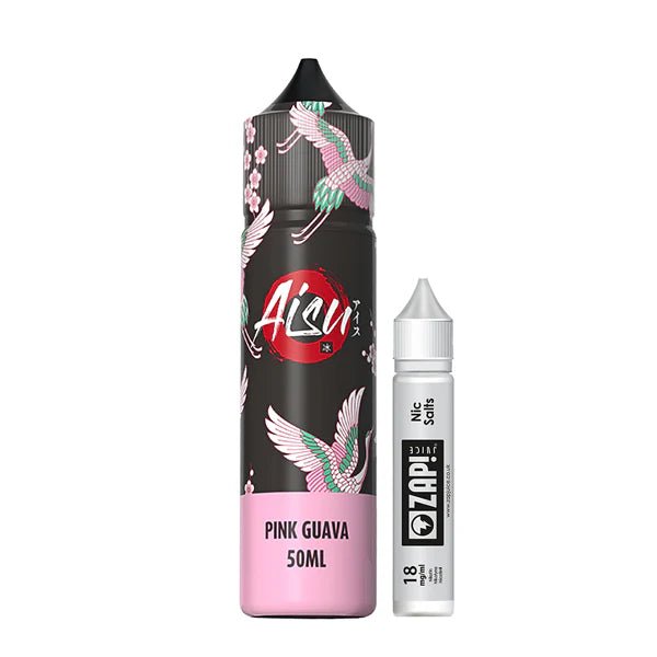 Aisu E-Liquid pink guava 50ml shortfill and nic salt bottles on white background - UK vape sales
