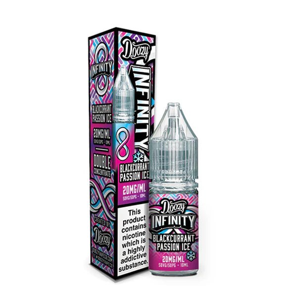 Doozy Infinity Nic Salts blackcurrant passion ice 10ml nic salt bottle with packaging on white background - uk vape sales