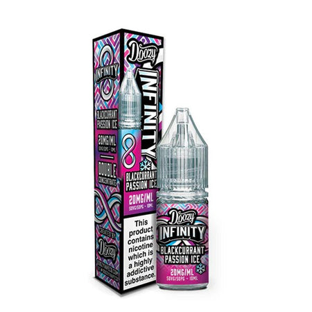 Doozy Infinity Nic Salts blackcurrant passion ice 10ml nic salt bottle with packaging on white background - uk vape sales