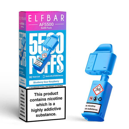 Elf Bar AF5500 Refill Pods blueberry sour raspberry with packaging on a white background - uk vape sales