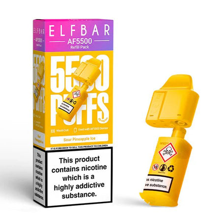 Elf Bar AF5500 Refill Pods sour pineapple ice with packaging on a white background - uk vape sales