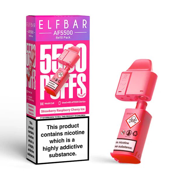Elf Bar AF5500 Refill Pods strawberry raspberry cherry ice with packaging on a white background - uk vape sales