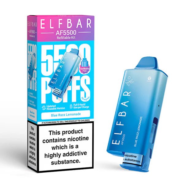 Elf Bar AF5500 vape kit blue razz lemonade device and packaging on a white background - uk vape sales