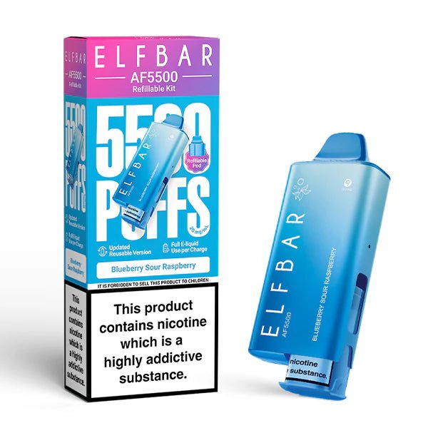 Elf Bar AF5500 vape kit blueberry sour raspberry device and packaging on a white background - uk vape sales