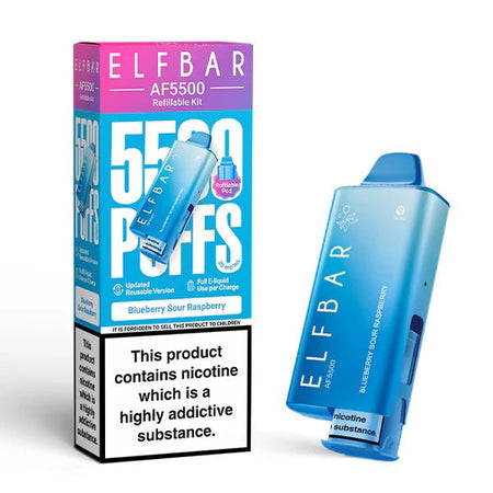 Elf Bar AF5500 vape kit blueberry sour raspberry device and packaging on a white background - uk vape sales