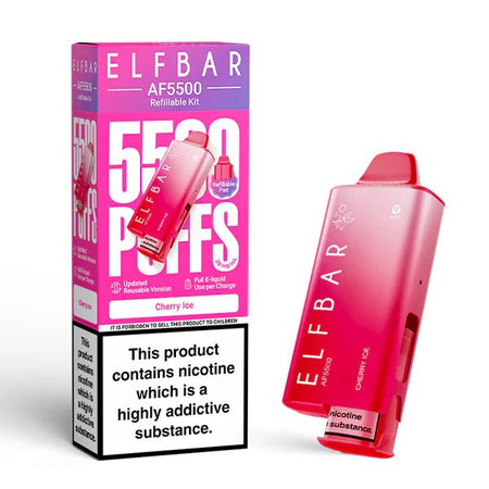 Elf Bar AF5500 vape kit cherry ice device and packaging on a white background - uk vape sales