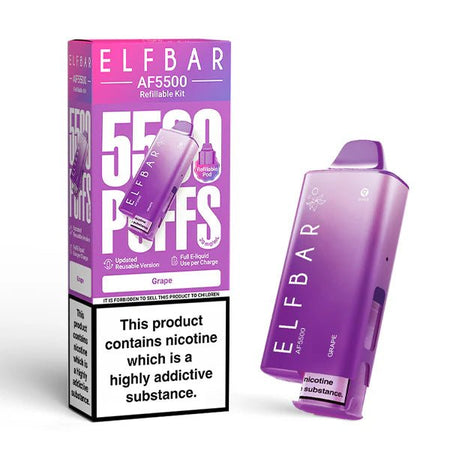 Elf Bar AF5500 vape kit grape device and packaging on a white background - uk vape sales