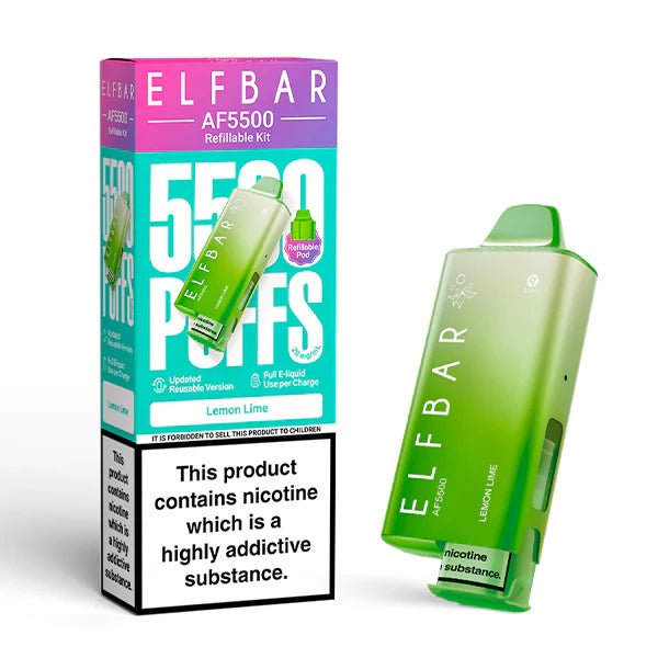 Elf Bar AF5500 vape kit lemon lime device and packaging on a white background - uk vape sales