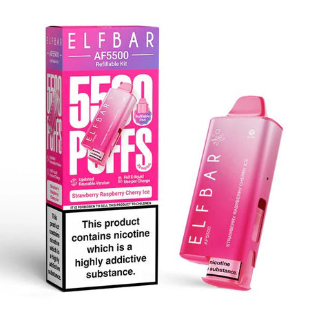 Elf Bar AF5500 vape kit strawberry raspberry cherry ice device and packaging on a white background - uk vape sales