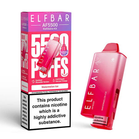Elf Bar AF5500 vape kit watermelon ice device and packaging on a white background - uk vape sales