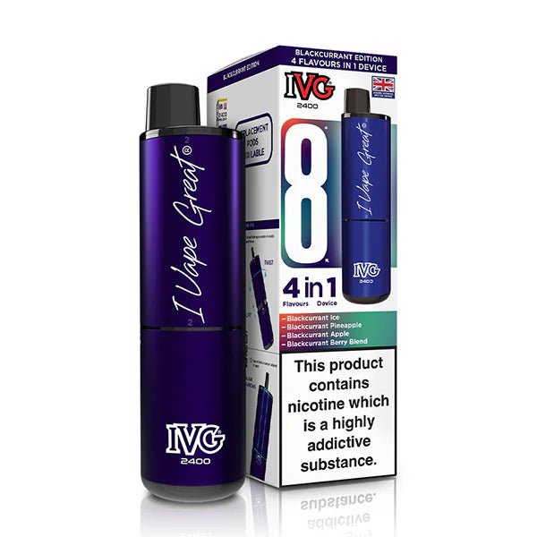 IVG 2400 vape kit blackcurrant edition device and packaging on a white background - uk vape sales