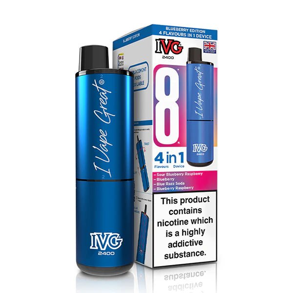 IVG 2400 vape kit blueberry edition device and packaging on a white background - uk vape sales