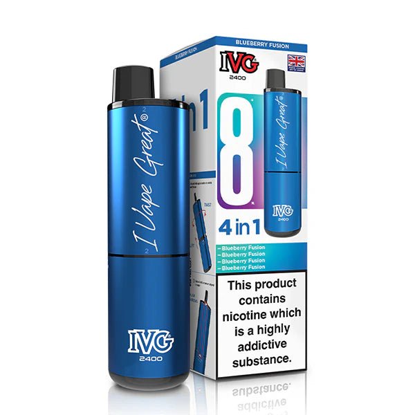 IVG 2400 vape kit blueberry fusion device and packaging on a white background - uk vape sales