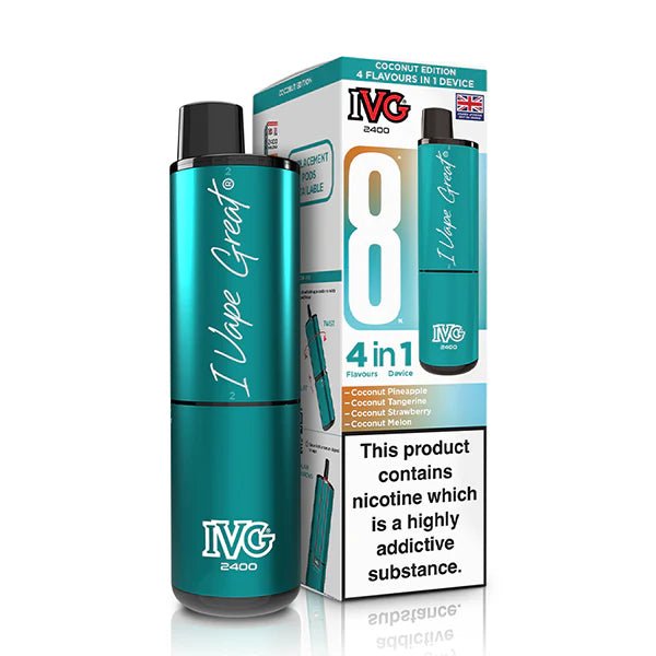 IVG 2400 vape kit coconut edition device and packaging on a white background - uk vape sales