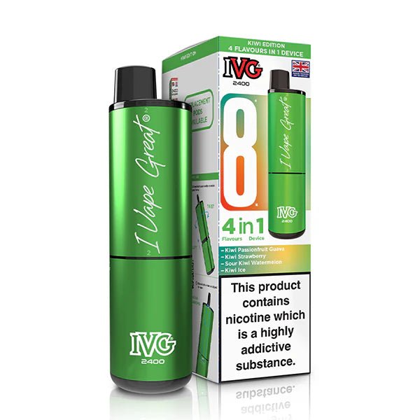 IVG 2400 vape kit kiwi edition device and packaging on a white background - uk vape sales