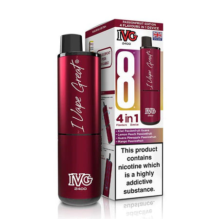 IVG 2400 vape kit passionfruit edition device and packaging on a white background - uk vape sales