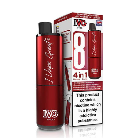 IVG 2400 vape kit pomegranate edition device and packaging on a white background - uk vape sales