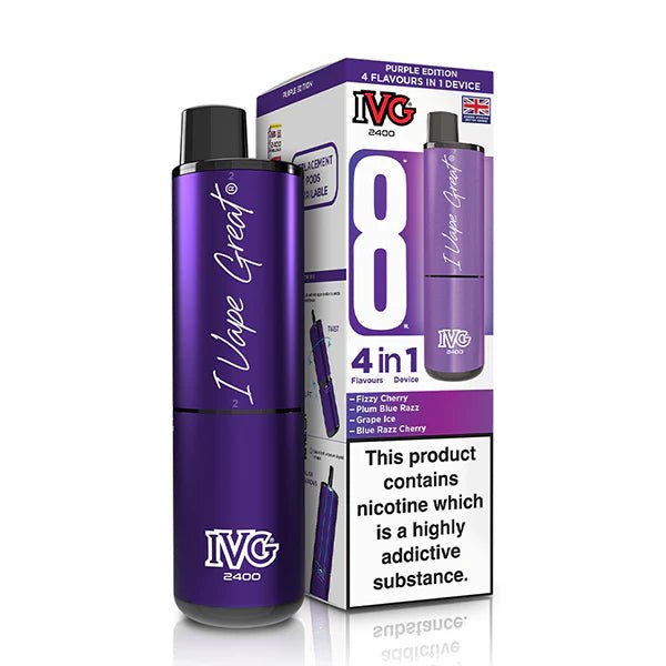 IVG 2400 vape kit purple edition device and packaging on a white background - uk vape sales