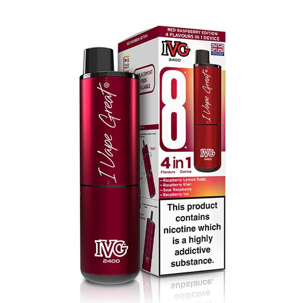 IVG 2400 vape kit red raspberry edition device and packaging on a white background - uk vape sales