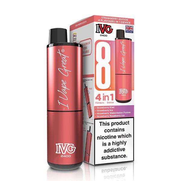 IVG 2400 vape kit strawberry edition device and packaging on a white background - uk vape sales