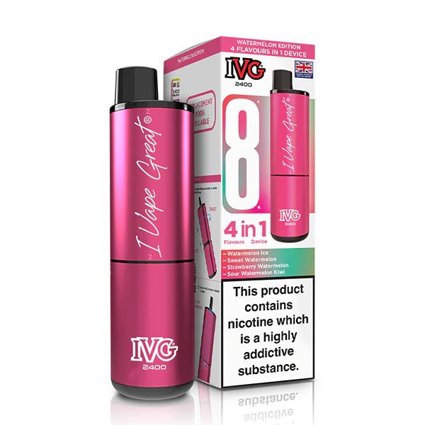 IVG 2400 vape kit watermelon edition device and packaging on a white background - uk vape sales