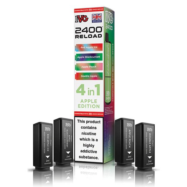 IVG 2400 4-in-1 Reload Pods apple edition with packaging on a white background - uk vape sales