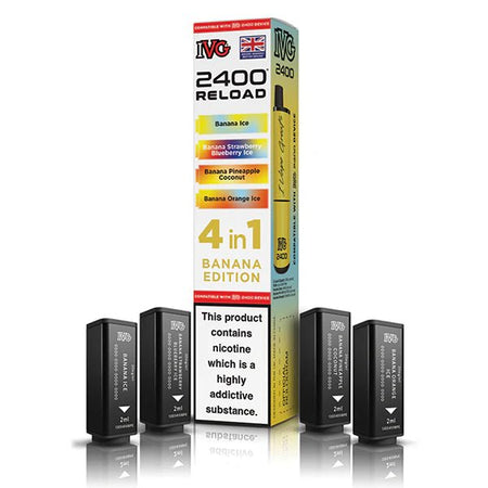 IVG 2400 4-in-1 Reload Pods banana edition with packaging on a white background - uk vape sales