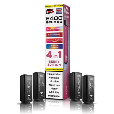 IVG 2400 4-in-1 Reload Pods berry edition with packaging on a white background - uk vape sales