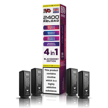 IVG 2400 4-in-1 Reload Pods blackberry edition with packaging on a white background - uk vape sales