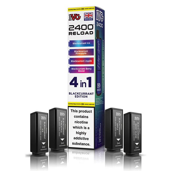 IVG 2400 4-in-1 Reload Pods blackcurrant edition with packaging on a white background - uk vape sales