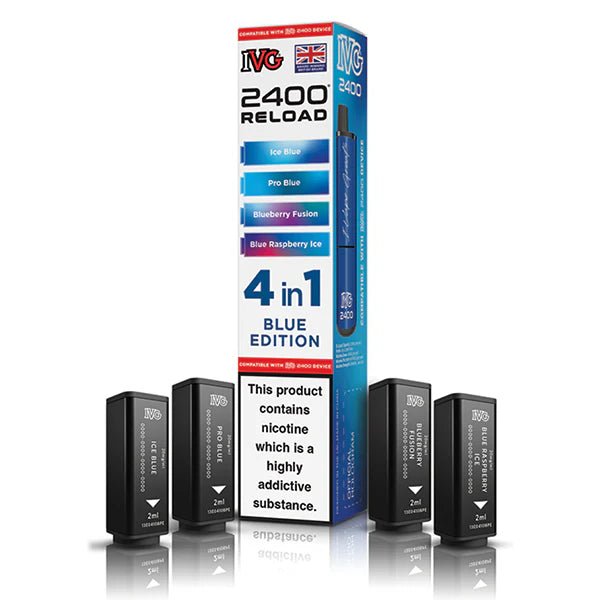 IVG 2400 4-in-1 Reload Pods blue edition with packaging on a white background - uk vape sales