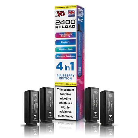 IVG 2400 4-in-1 Reload Pods blueberry edition with packaging on a white background - uk vape sales