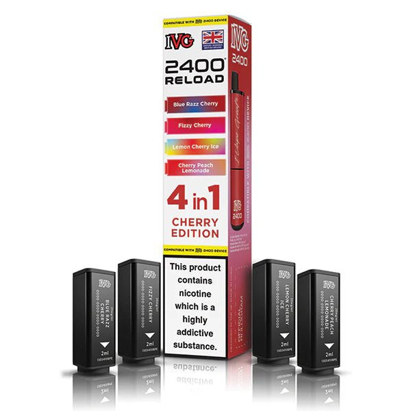 IVG 2400 4-in-1 Reload Pods cherry edition with packaging on a white background - uk vape sales