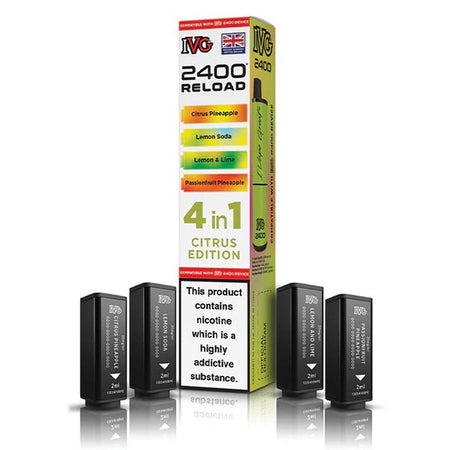 IVG 2400 4-in-1 Reload Pods citrus edition with packaging on a white background - uk vape sales