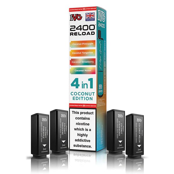 IVG 2400 4-in-1 Reload Pods coconut edition with packaging on a white background - uk vape sales