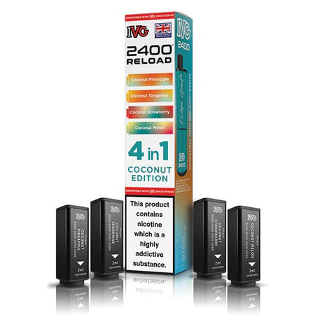 IVG 2400 4-in-1 Reload Pods coconut edition with packaging on a white background - uk vape sales