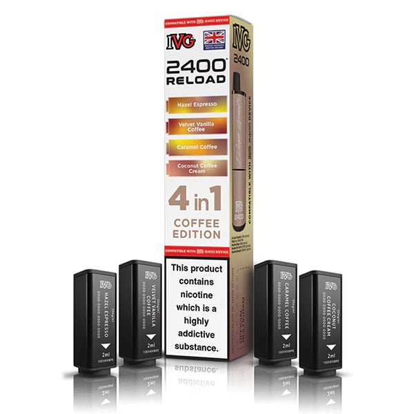 IVG 2400 4-in-1 Reload Pods coffee edition with packaging on a white background - uk vape sales