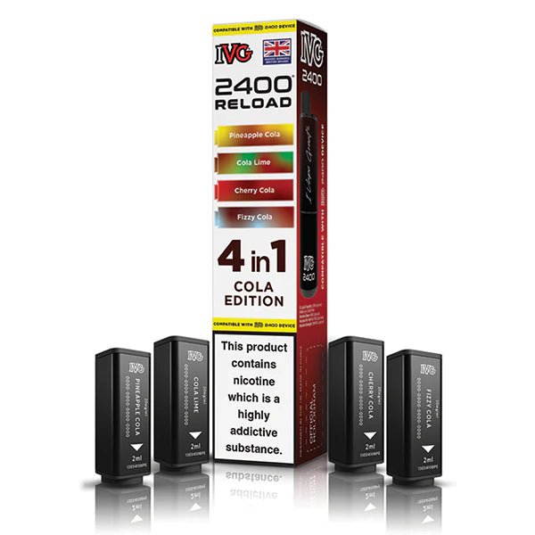 IVG 2400 4-in-1 Reload Pods cola  edition with packaging on a white background - uk vape sales