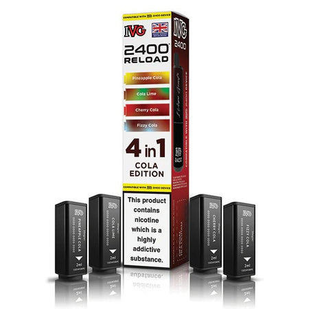 IVG 2400 4-in-1 Reload Pods cola  edition with packaging on a white background - uk vape sales