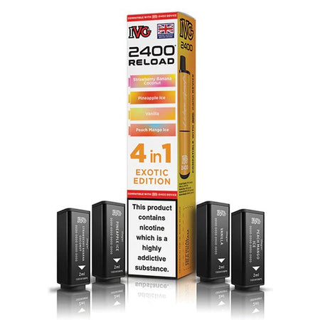 IVG 2400 4-in-1 Reload Pods exotic edition with packaging on a white background - uk vape sales