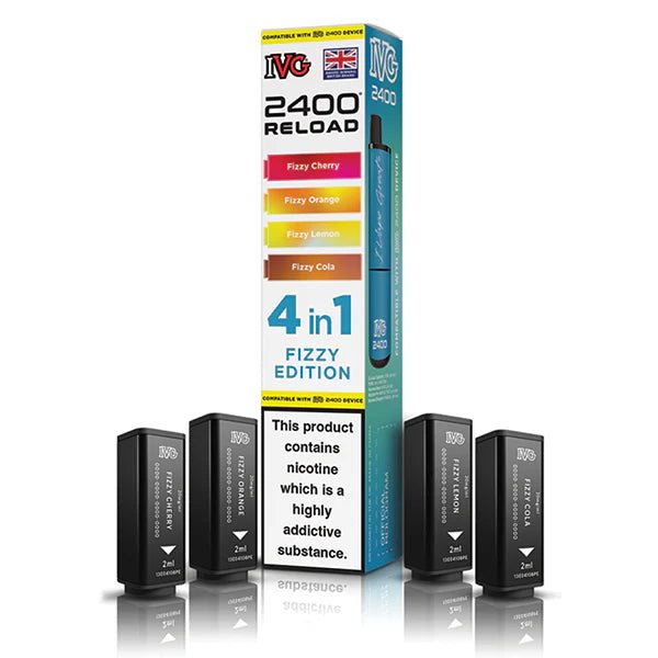 IVG 2400 4-in-1 Reload Pods fizzy edition with packaging on a white background - uk vape sales