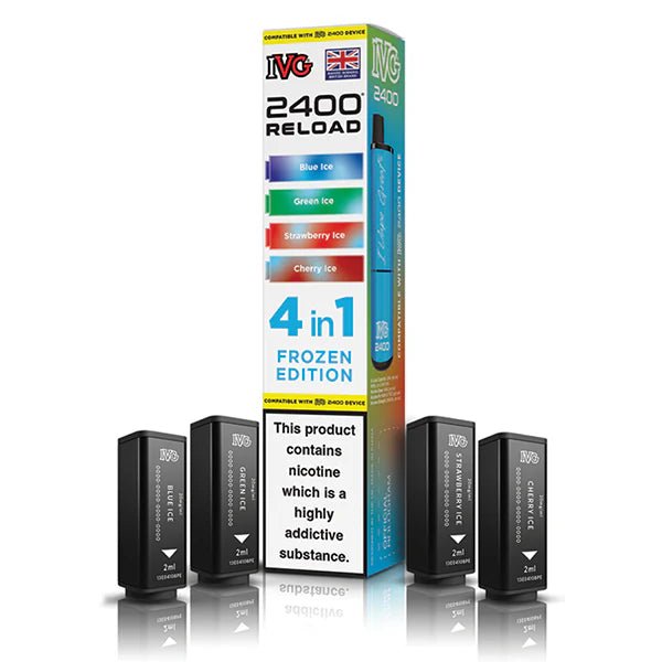 IVG 2400 4-in-1 Reload Pods frozen edition with packaging on a white background - uk vape sales