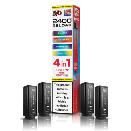 IVG 2400 4-in-1 Reload Pods fruit n mint edition with packaging on a white background - uk vape sales