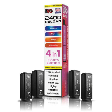 IVG 2400 4-in-1 Reload Pods fruits edition with packaging on a white background - uk vape sales