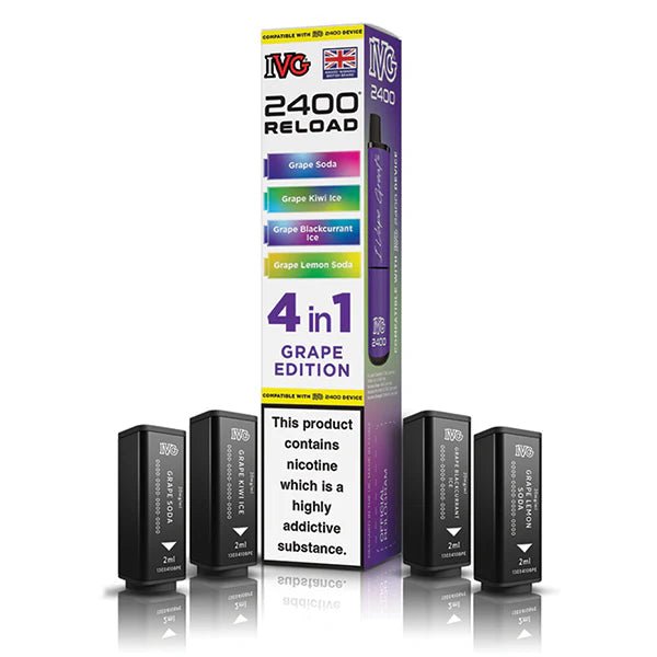 IVG 2400 4-in-1 Reload Pods grape edition with packaging on a white background - uk vape sales