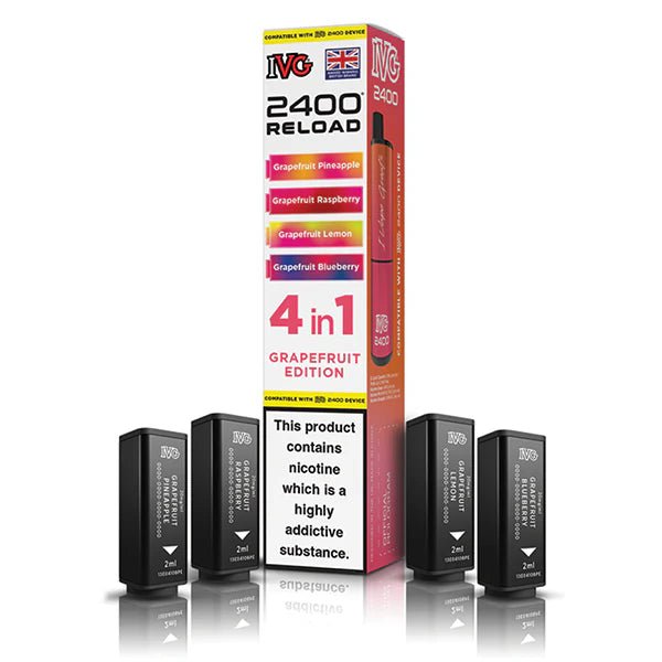 IVG 2400 4-in-1 Reload Pods grapefruit edition with packaging on a white background - uk vape sales