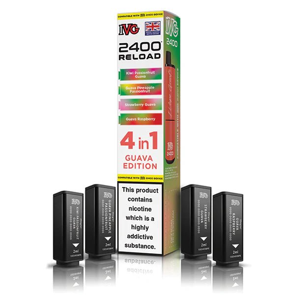 IVG 2400 4-in-1 Reload Pods guava edition with packaging on a white background - uk vape sales