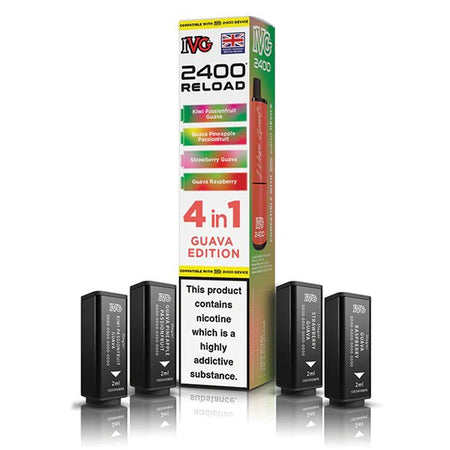 IVG 2400 4-in-1 Reload Pods guava edition with packaging on a white background - uk vape sales