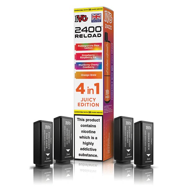 IVG 2400 4-in-1 Reload Pods juicy edition with packaging on a white background - uk vape sales