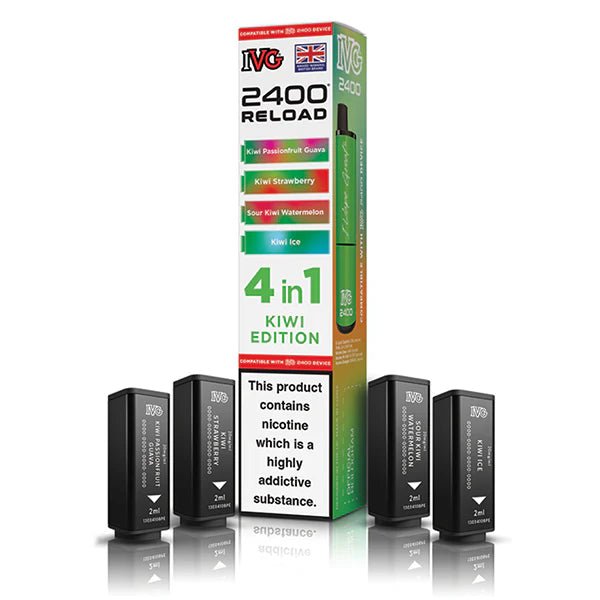 IVG 2400 4-in-1 Reload Pods kiwi edition with packaging on a white background - uk vape sales